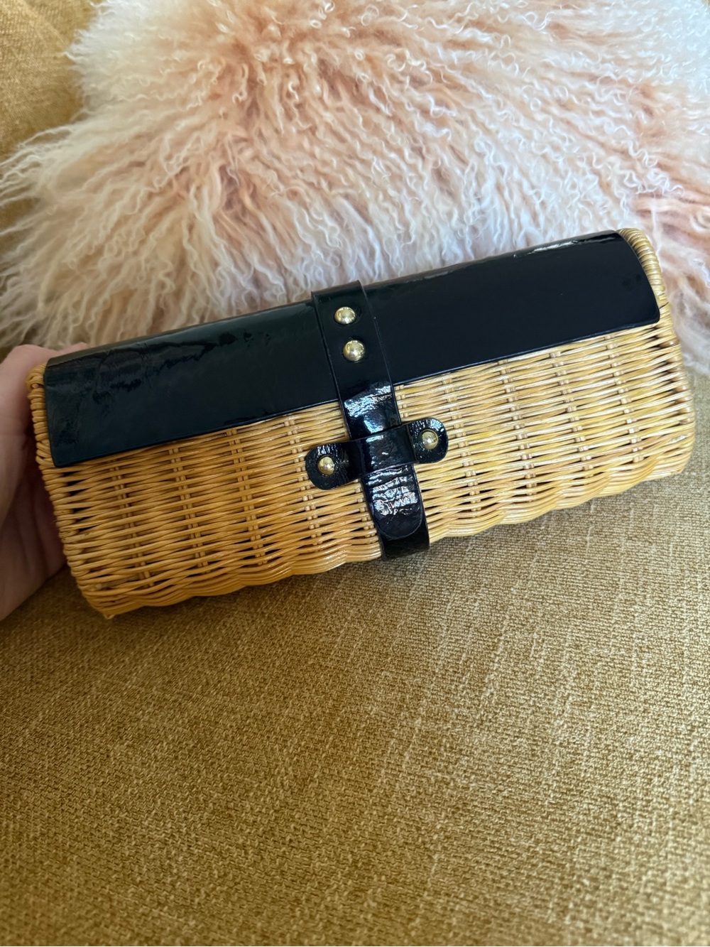 Crew Woven Straw Clutch With Black Patent Leather Trim Bag